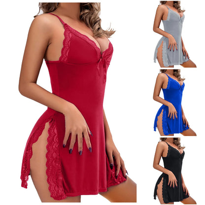 Plus size sexy lingerie for women in red, gray, blue, and black with lace trim and thigh-high slits