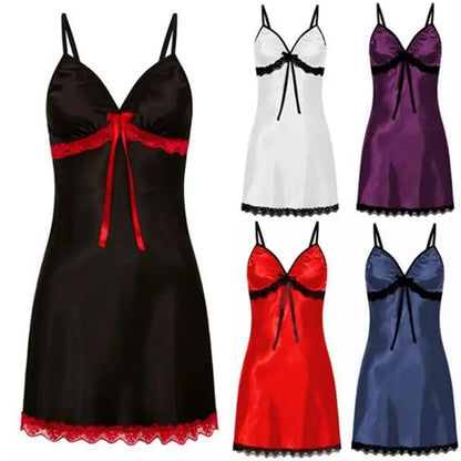 Plus size sexy nightgown for women available in black, white, red, purple, and blue with lace details.