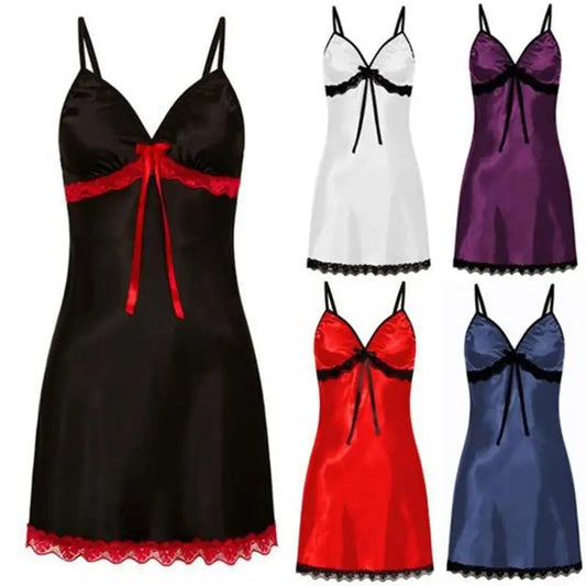 Plus size sexy nightgown for women available in black, white, red, purple, and blue with lace details.