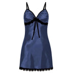 Navy satin plus size sexy nightgown for women with lace trim and adjustable straps from LuckeLadybug LLC