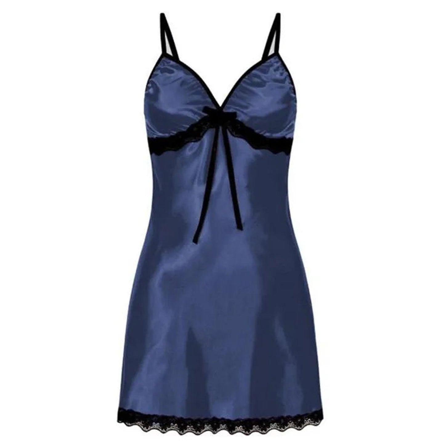 Navy satin plus size sexy nightgown for women with lace trim and adjustable straps from LuckeLadybug LLC
