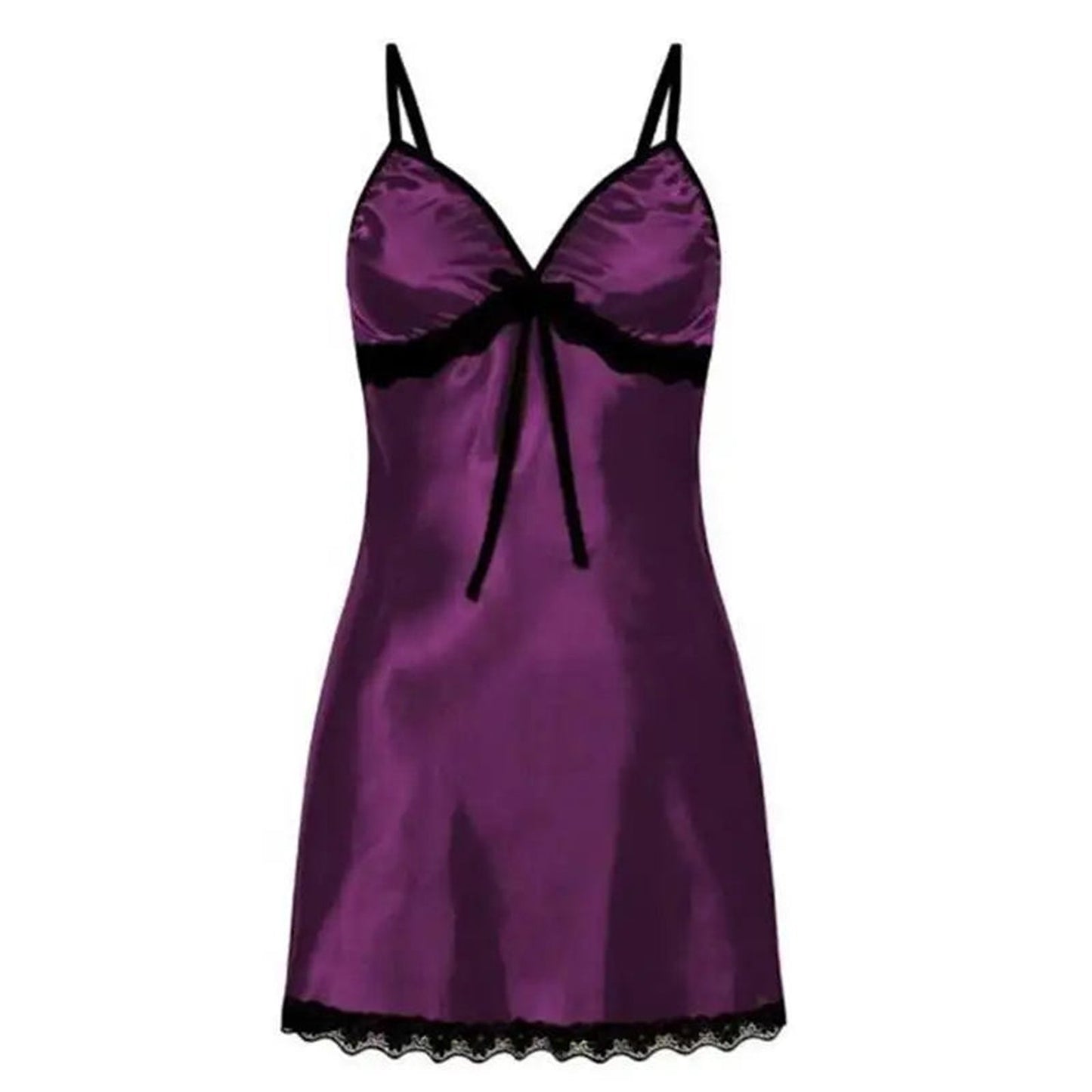 Plus size sexy nightgown for women in purple satin with lace trim and adjustable straps