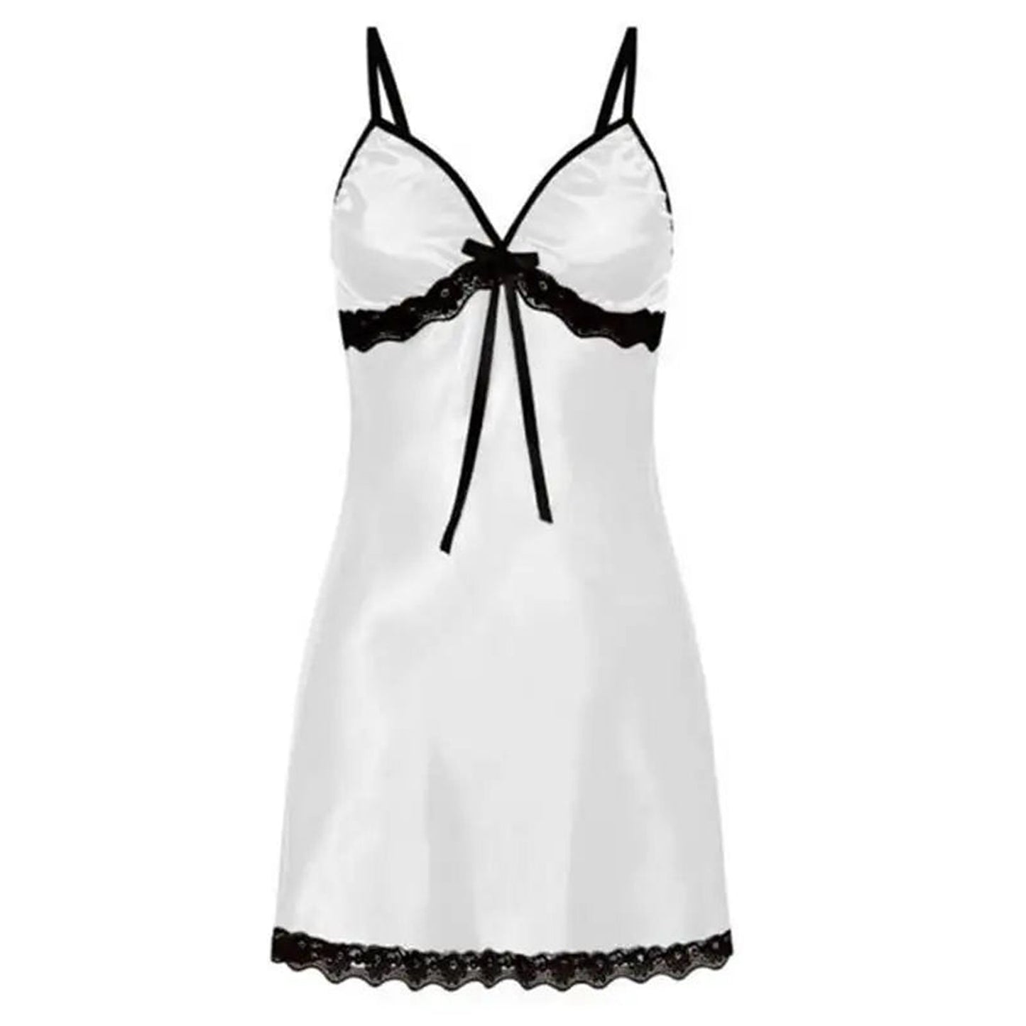 LuckeLadybug Plus Size Sexy Nightgown for Women in White Satin with Lace Trim and Bow Detail