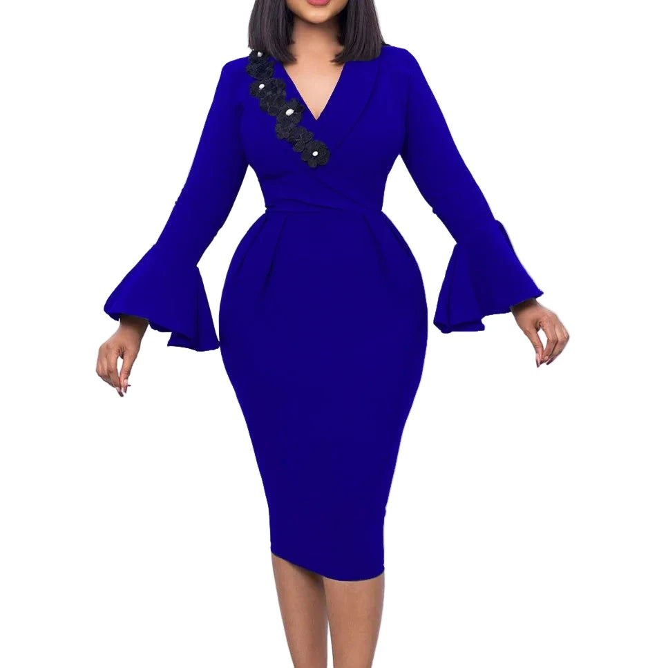 LuckeLadybug LLC A-Line plus size sexy party dress for women in vibrant blue with bell sleeves