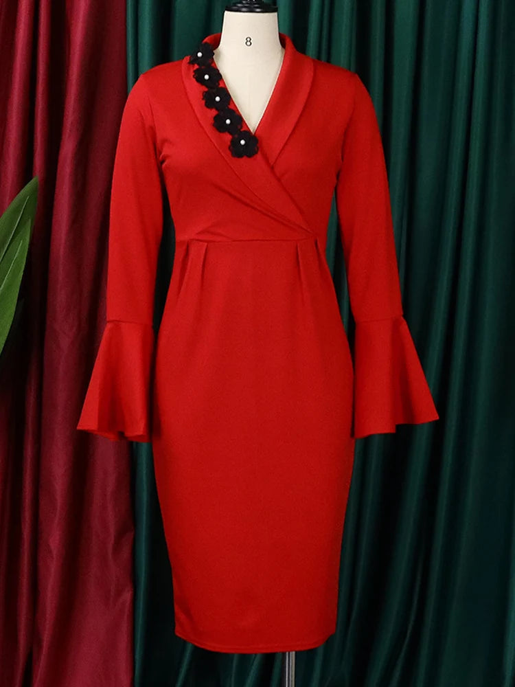 LuckeLadybug LLC Red A-Line Dress with Bell Sleeves, plus size sexy party dress for women