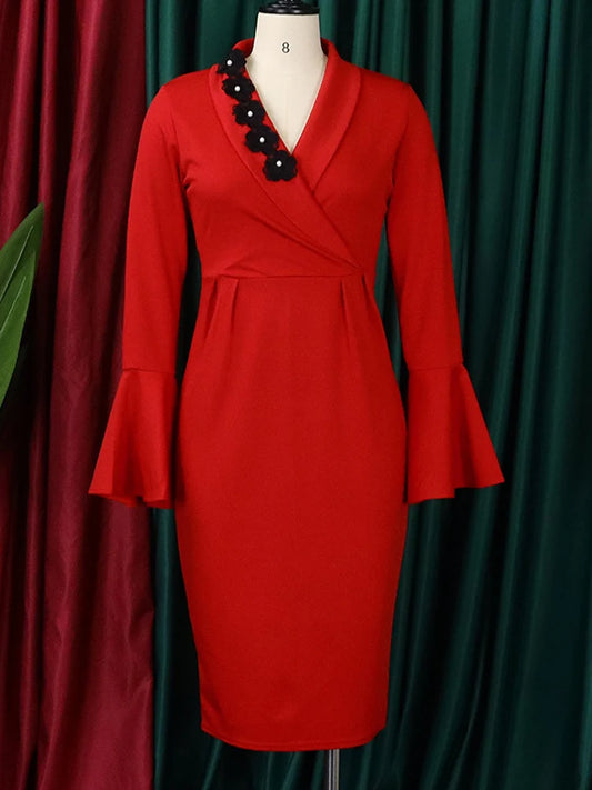 LuckeLadybug LLC Red A-Line Dress with Bell Sleeves, plus size sexy party dress for women