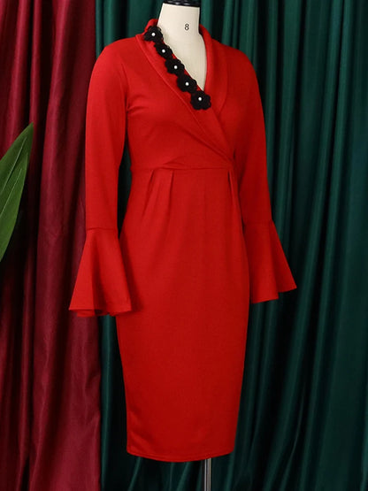 LuckeLadybug LLC Red A-Line Plus Size Sexy Party Dress for Women with Flared Sleeves