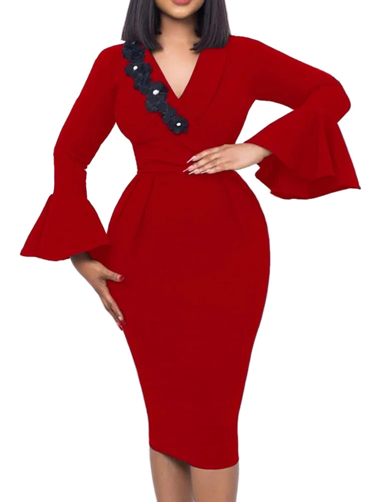 LuckeLadybug LLC Plus size sexy party dress for women in red with flared sleeves and floral detail