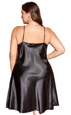 Plus size sexy spaghetti strap nightgown in shiny black fabric from LuckeLadybug LLC, featuring a flattering fit