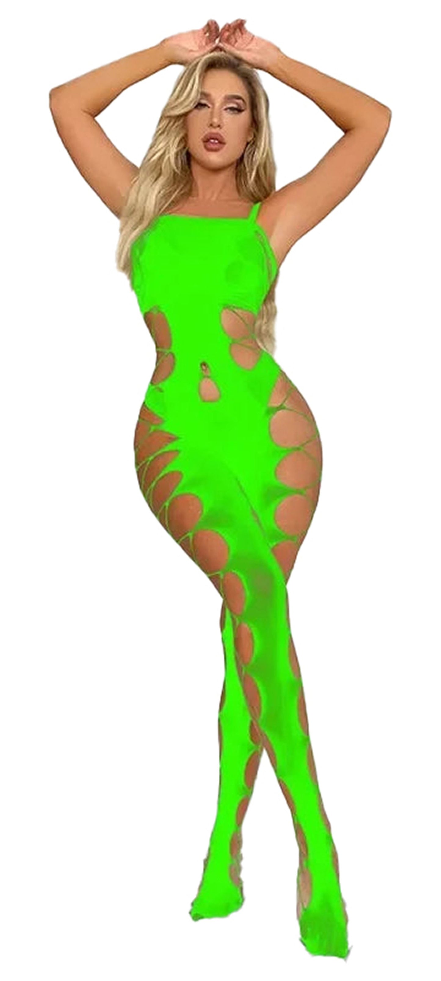 Neon green plus size sheer lingerie bodysuit featuring stylish cutouts for a bold look