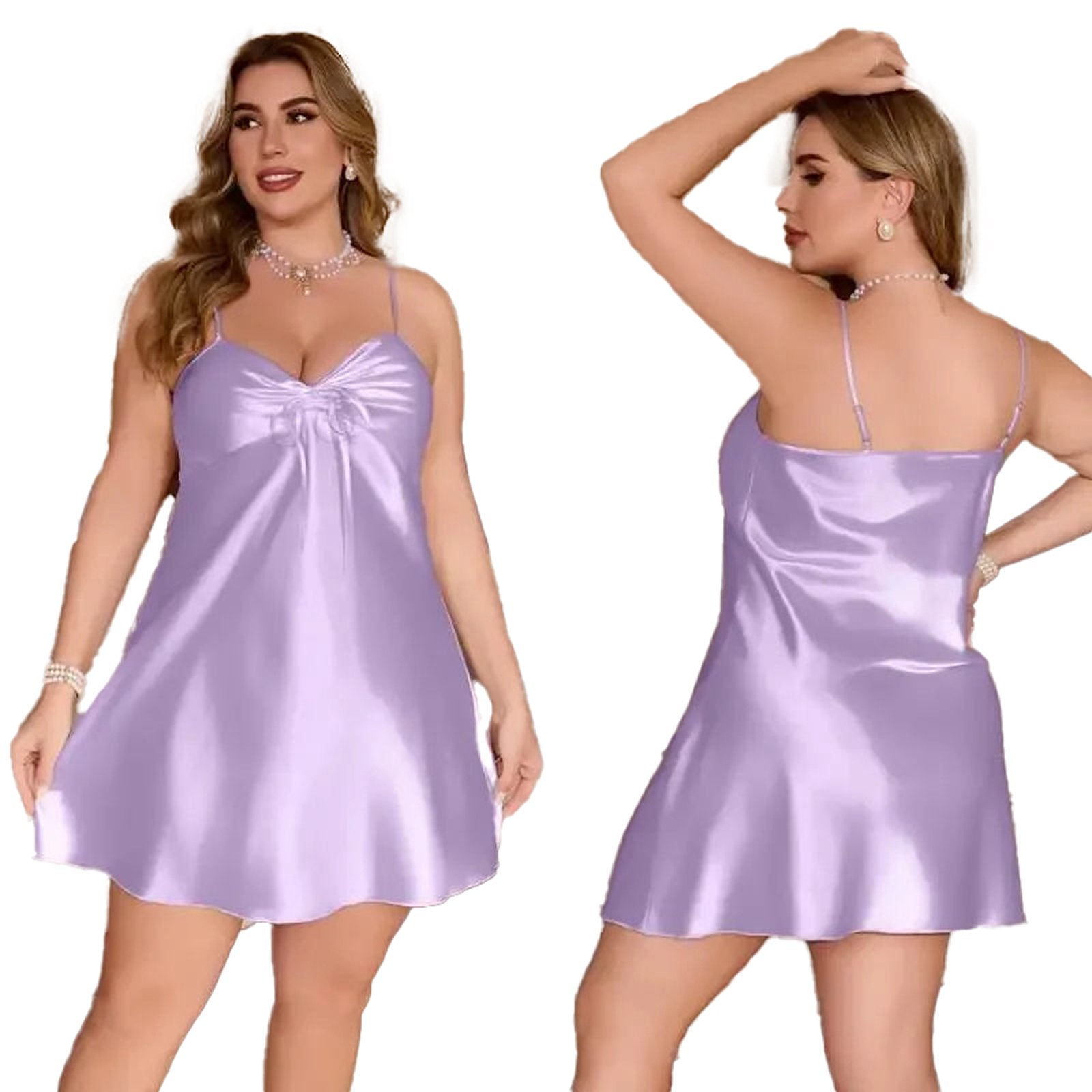Plus size silk satin nightgown in lavender with adjustable straps and a flattering fit