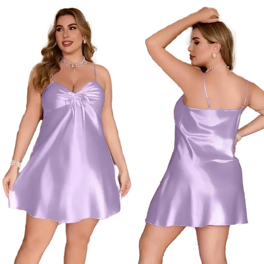 Plus size silk satin nightgown in lavender with adjustable straps and a flattering fit