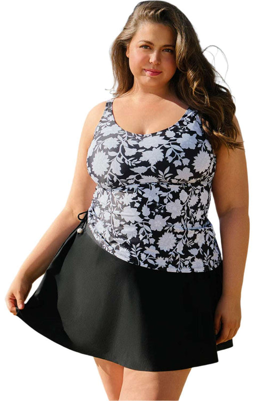 LuckeLadybug plus size tankini set with black floral top and solid black swim skirt