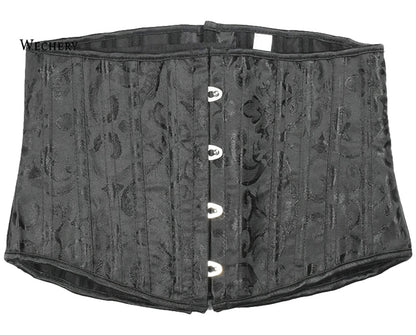 LuckeLadybug LLC plus size underbust corset for women in black with textured fabric and front closure