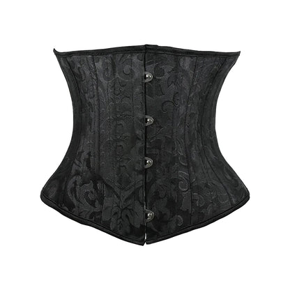 Elegant black plus size underbust corset for women with intricate floral patterns and hook closures