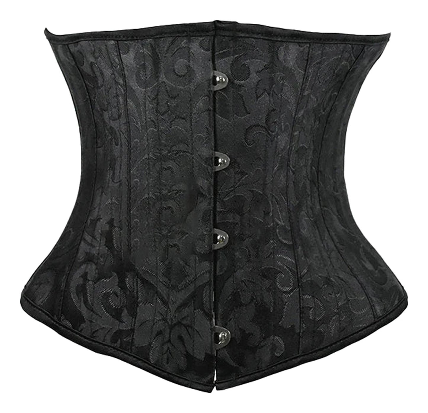 Black ornate plus size underbust corset for women with a classic design and secure closure