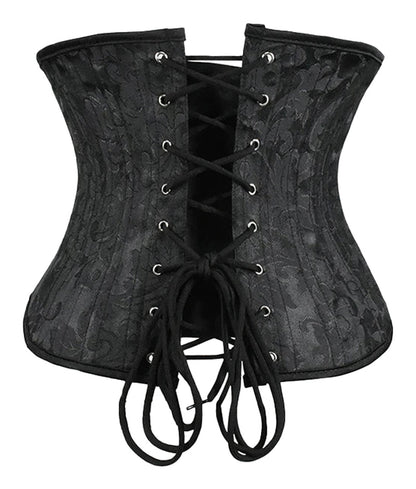 Black plus size underbust corset for women with lace-up back and floral pattern design