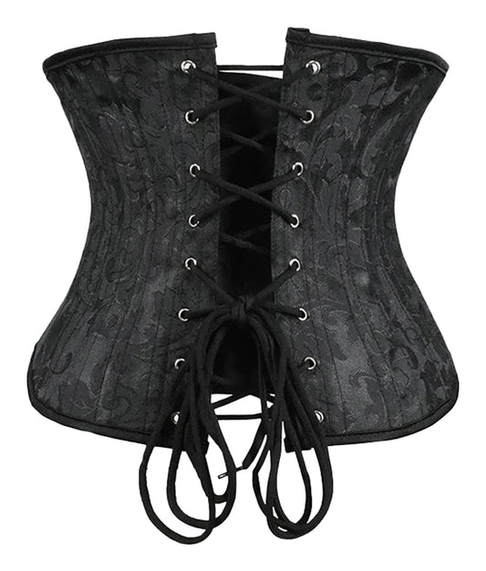 Black plus size underbust corset for women with lace-up back and floral pattern design