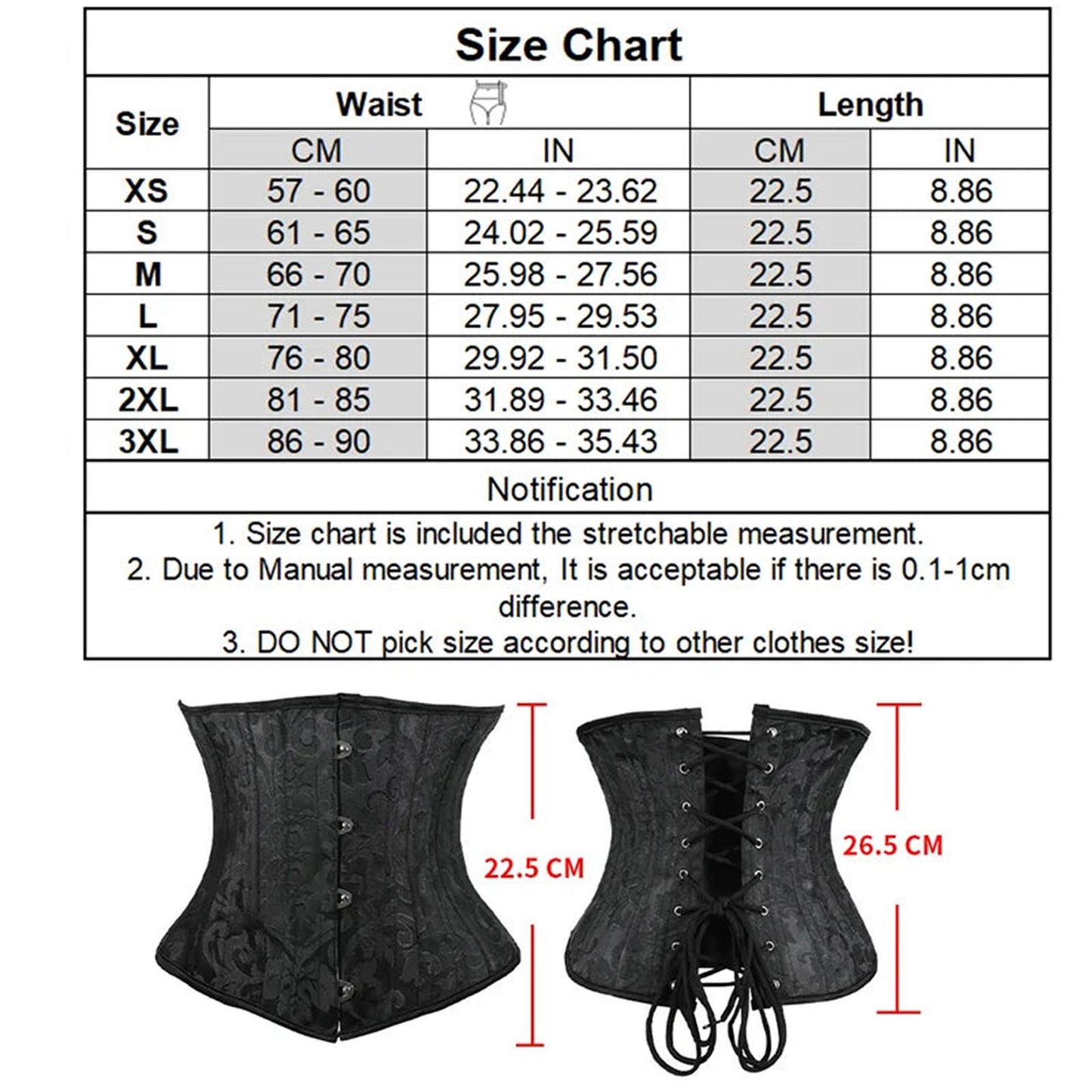 Size chart for plus size underbust corset for women with measurement details for various sizes