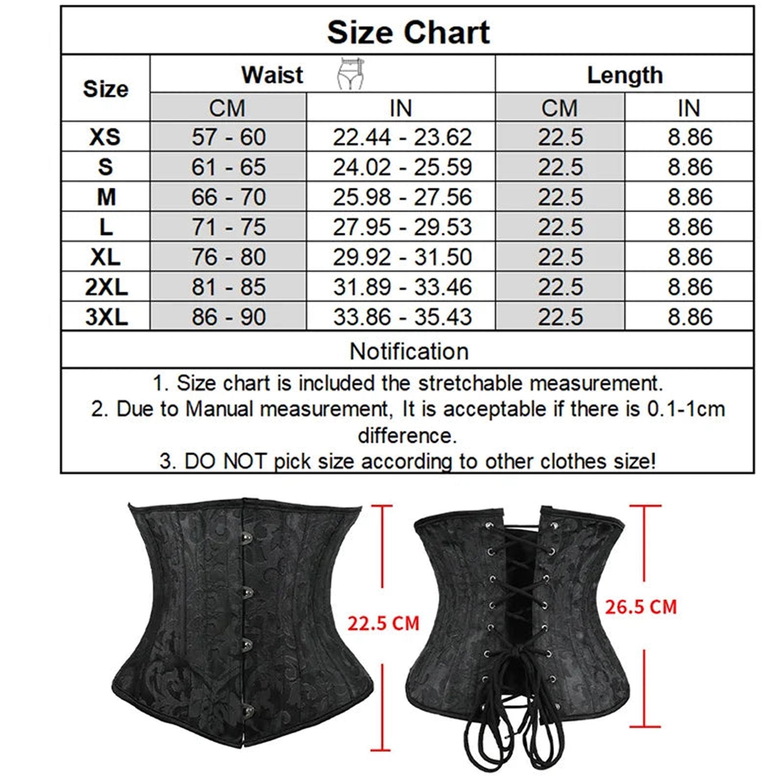 Size chart for plus size underbust corset for women with measurement details for various sizes