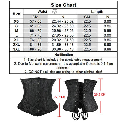 Size chart for plus size underbust corset for women with measurement details for various sizes