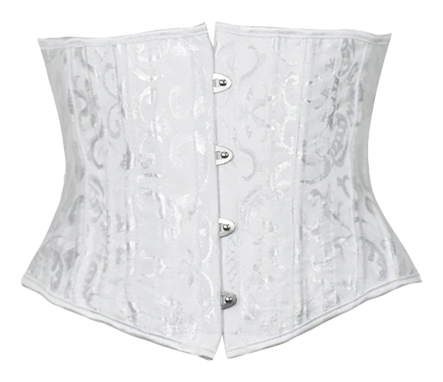White plus size underbust corset for women by LuckeLadybug with a floral design and front buttons