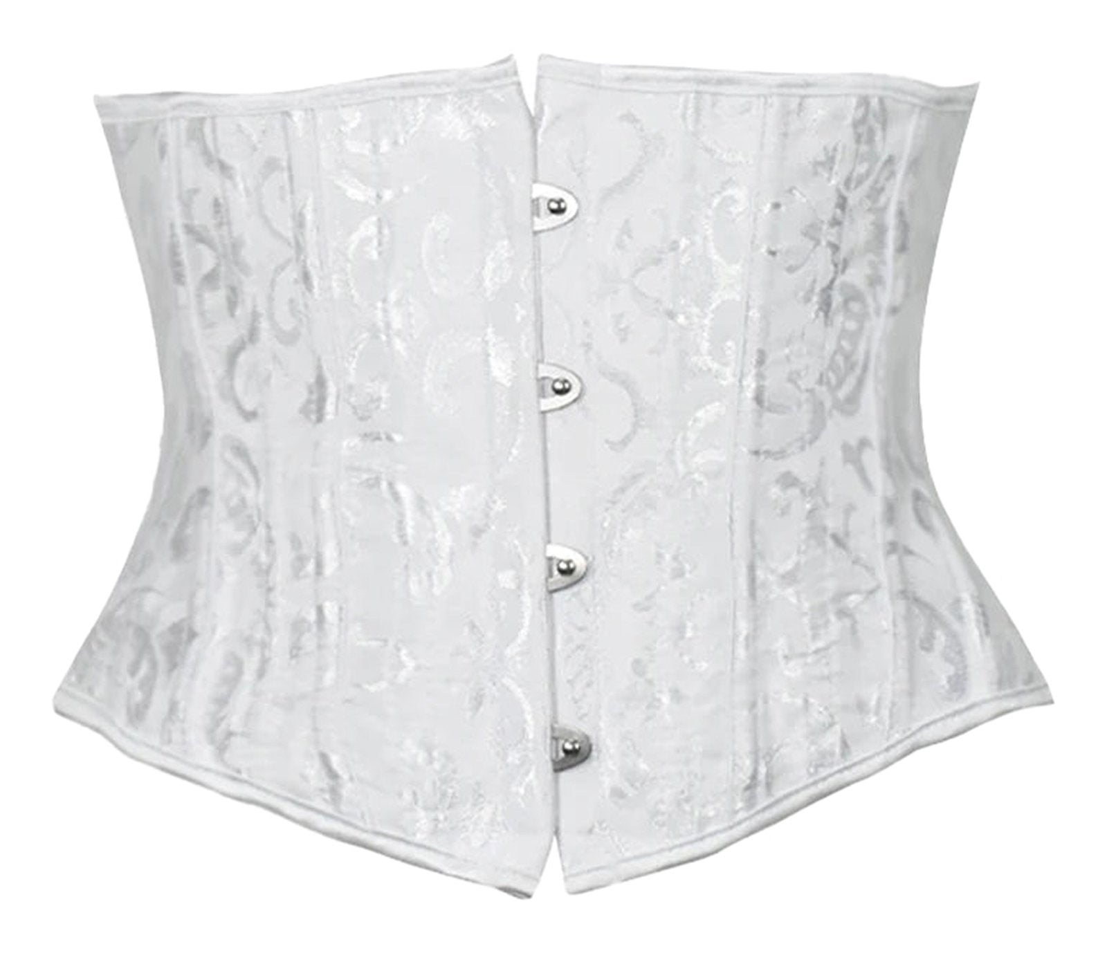 White plus size underbust corset for women by LuckeLadybug with a floral design and front buttons