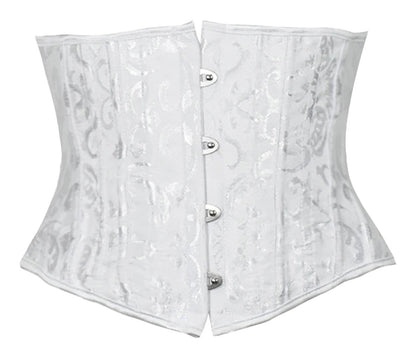 White plus size underbust corset for women by LuckeLadybug with a floral design and front buttons