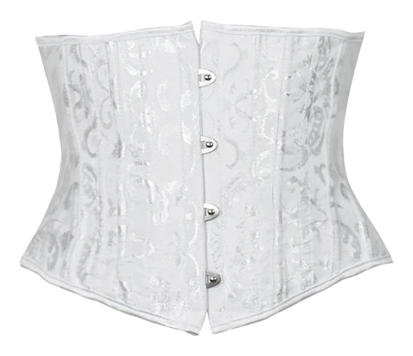 Elegant white plus size underbust corset for women with intricate floral pattern and front hooks