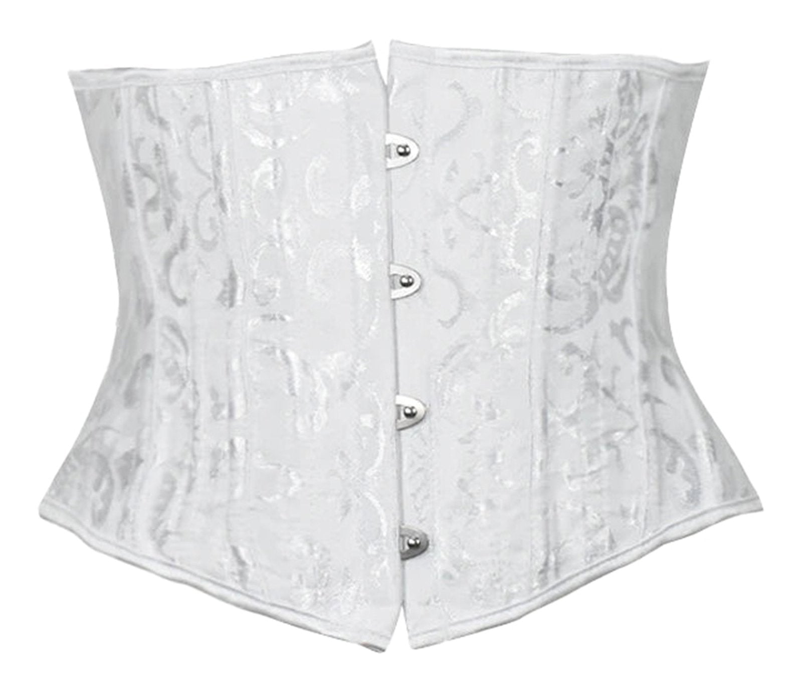 Elegant white plus size underbust corset for women with intricate floral pattern and front hooks