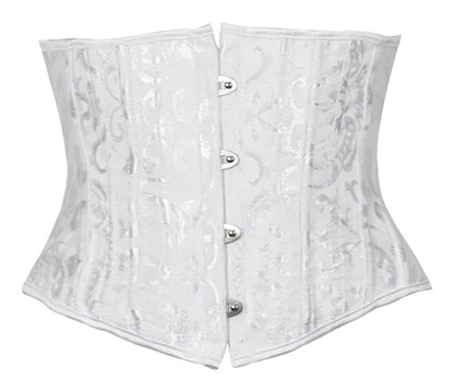 Elegant white plus size underbust corset for women with intricate floral pattern and front hooks