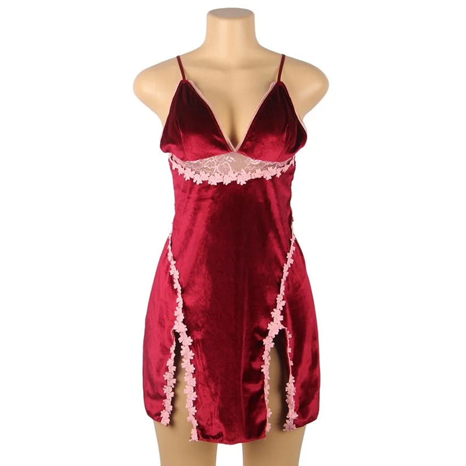 Plus size velvet lingerie babydoll in red with lace trim and stylish slit design for a seductive look
