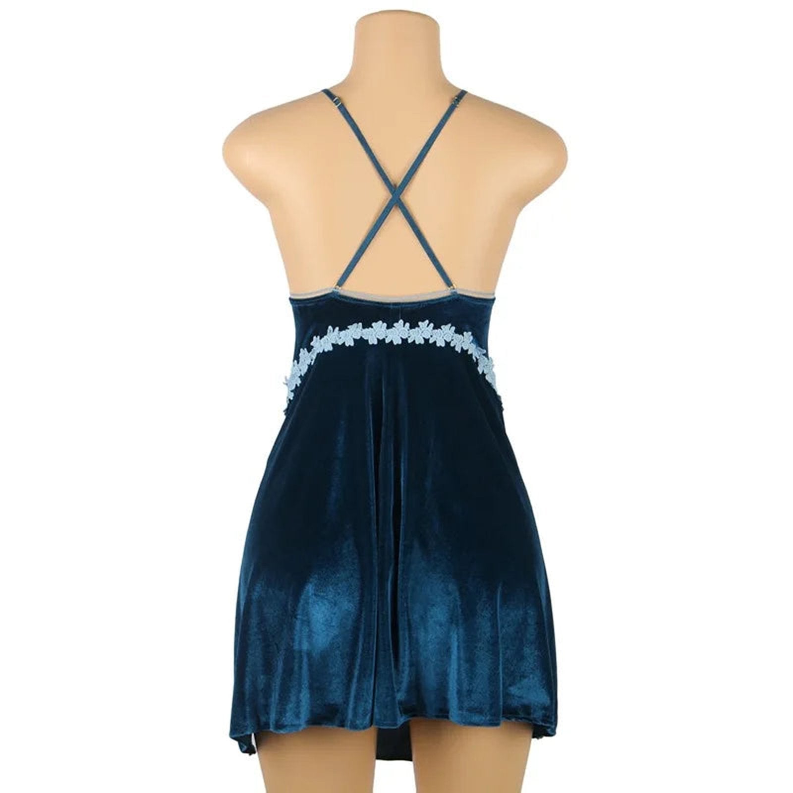 Back view of plus size velvet lingerie babydoll with delicate floral accents and adjustable straps