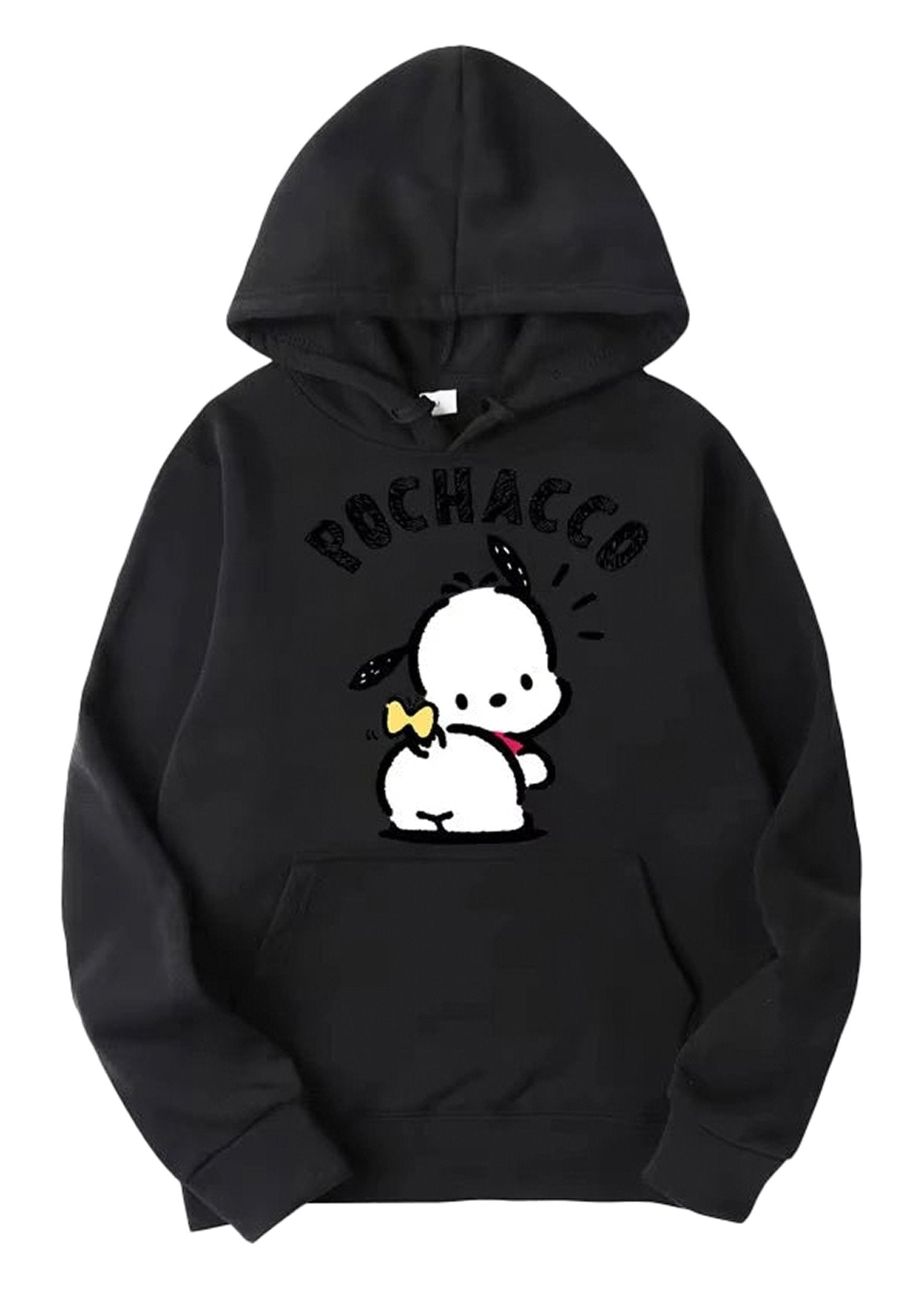 Black Pochacco hoodie for adults featuring a cute design of Pochacco with a bow