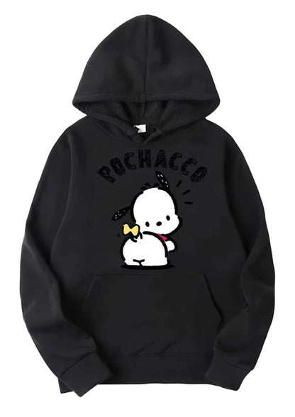 Black Pochacco hoodie for adults featuring a cute design of Pochacco with a bow