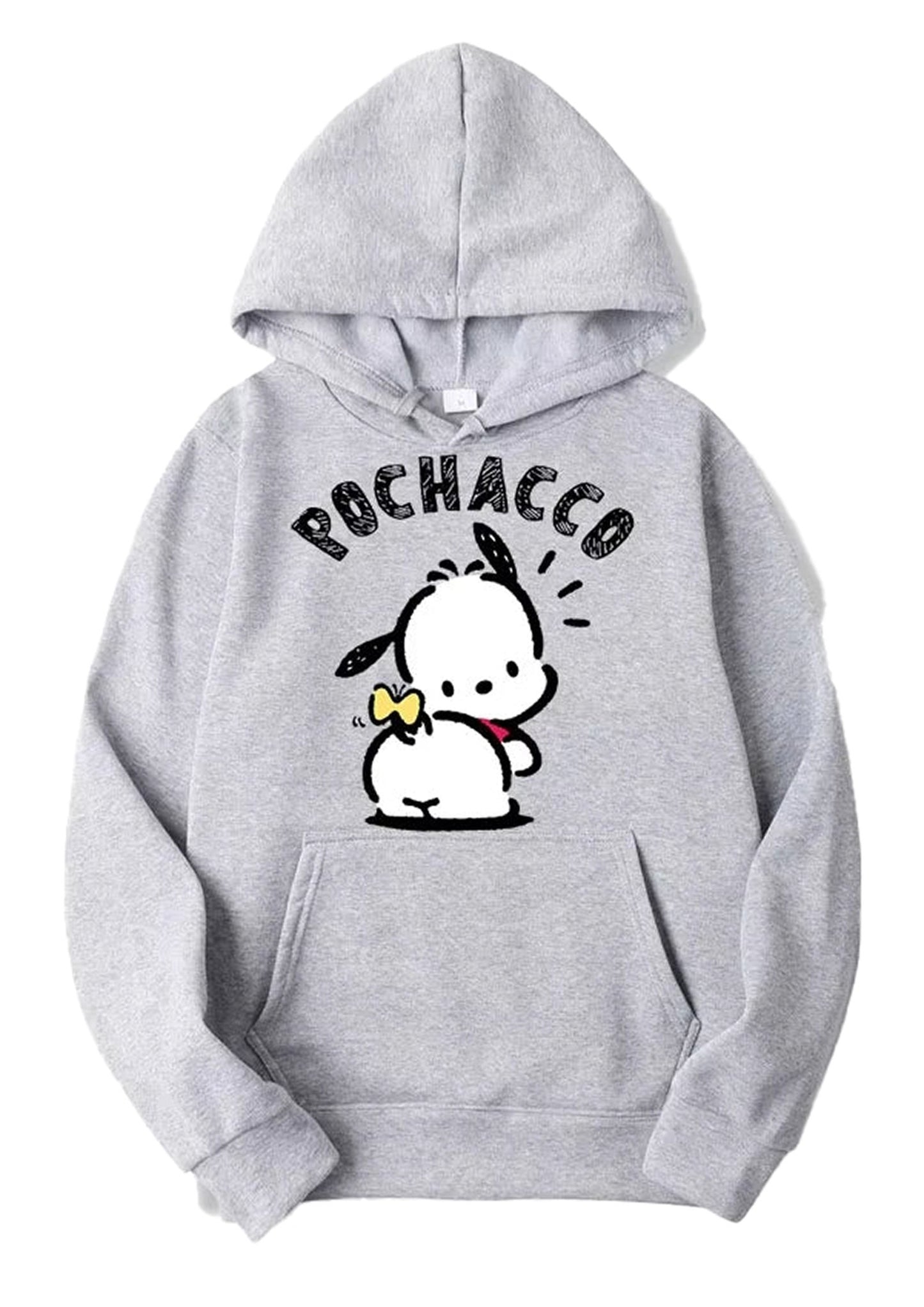 Light gray Pochacco hoodie for adults featuring a cute graphic design with a dog and a butterfly