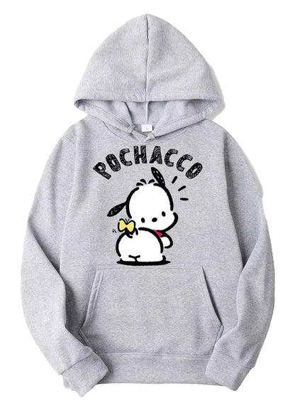 Light gray Pochacco hoodie for adults featuring a cute graphic design with a dog and a butterfly