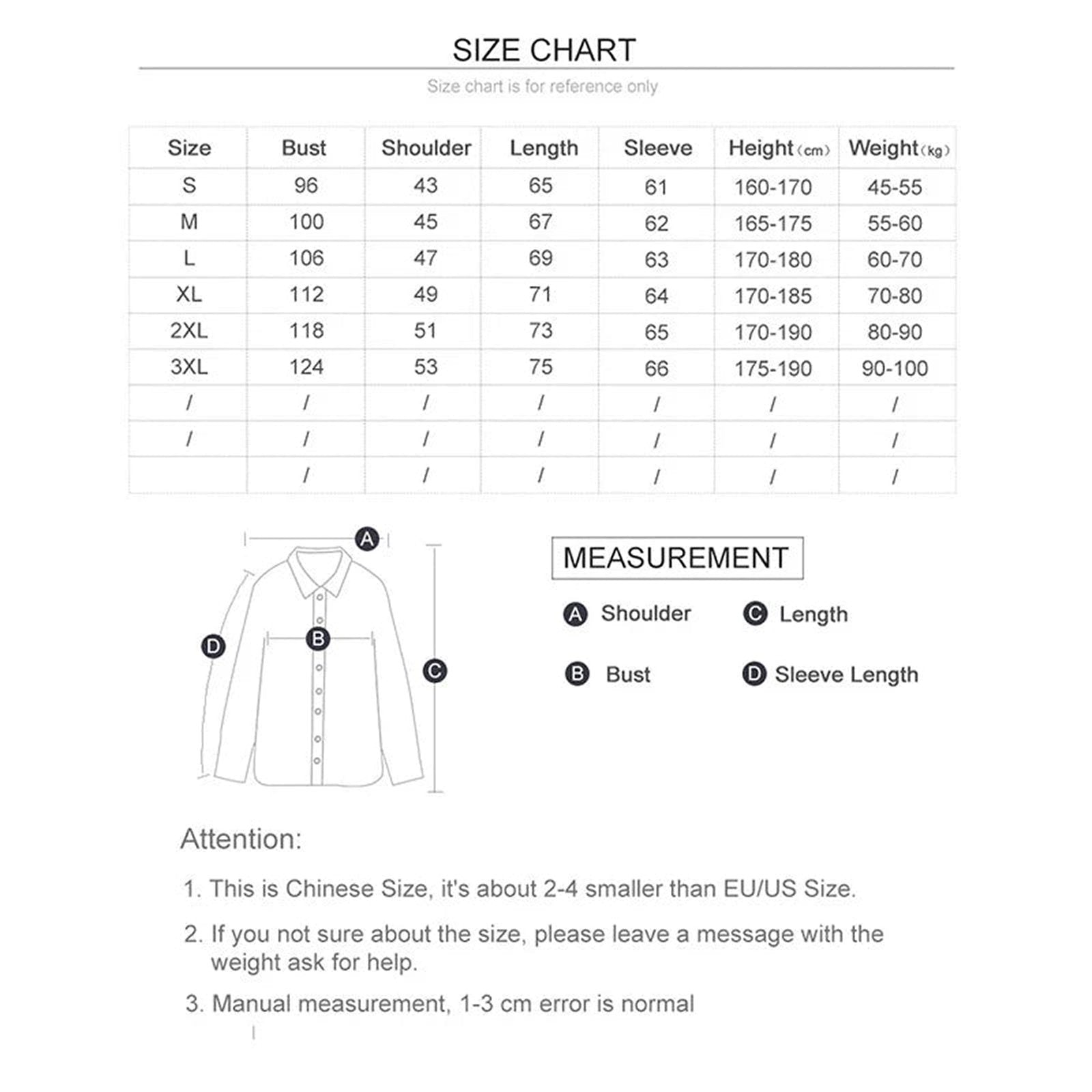 Size chart for Pochacco hoodie for adults listing bust, shoulder, length, and sleeve measurements