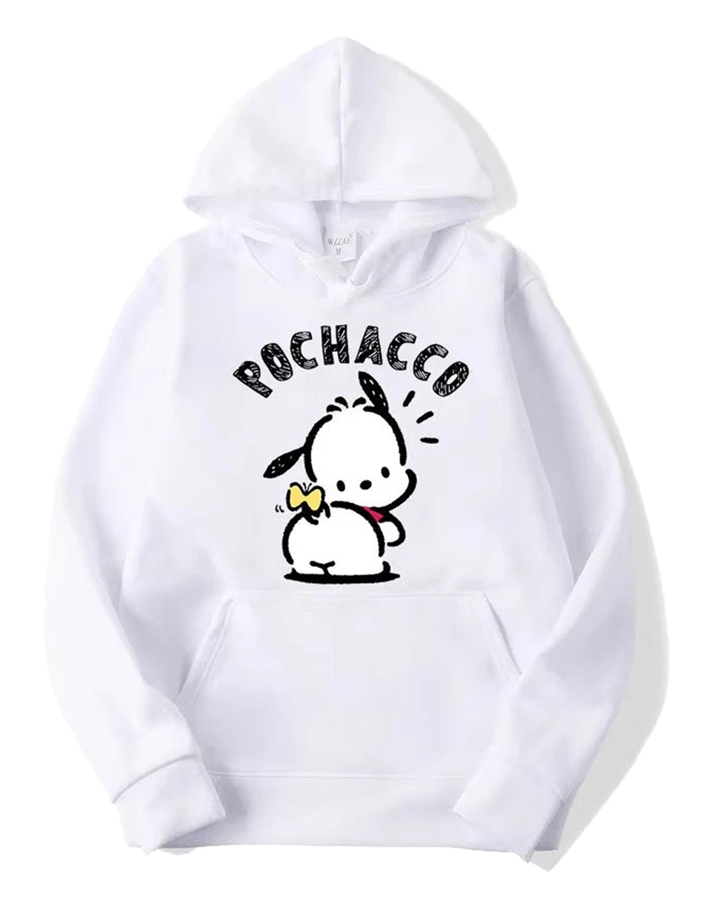 White Pochacco hoodie for adults featuring a playful graphic design and cozy fit