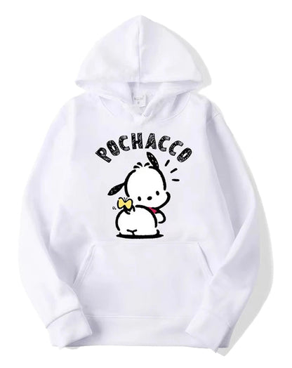 White Pochacco hoodie for adults featuring a playful graphic design and cozy fit