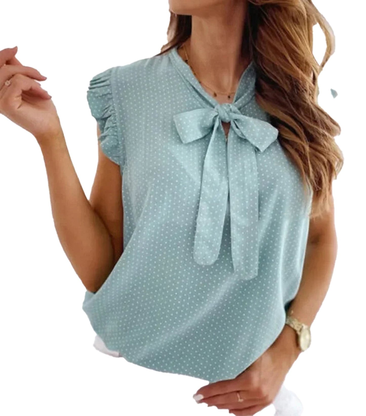Light blue polka dot bow tie blouse with ruffled sleeves, perfect for casual outings
