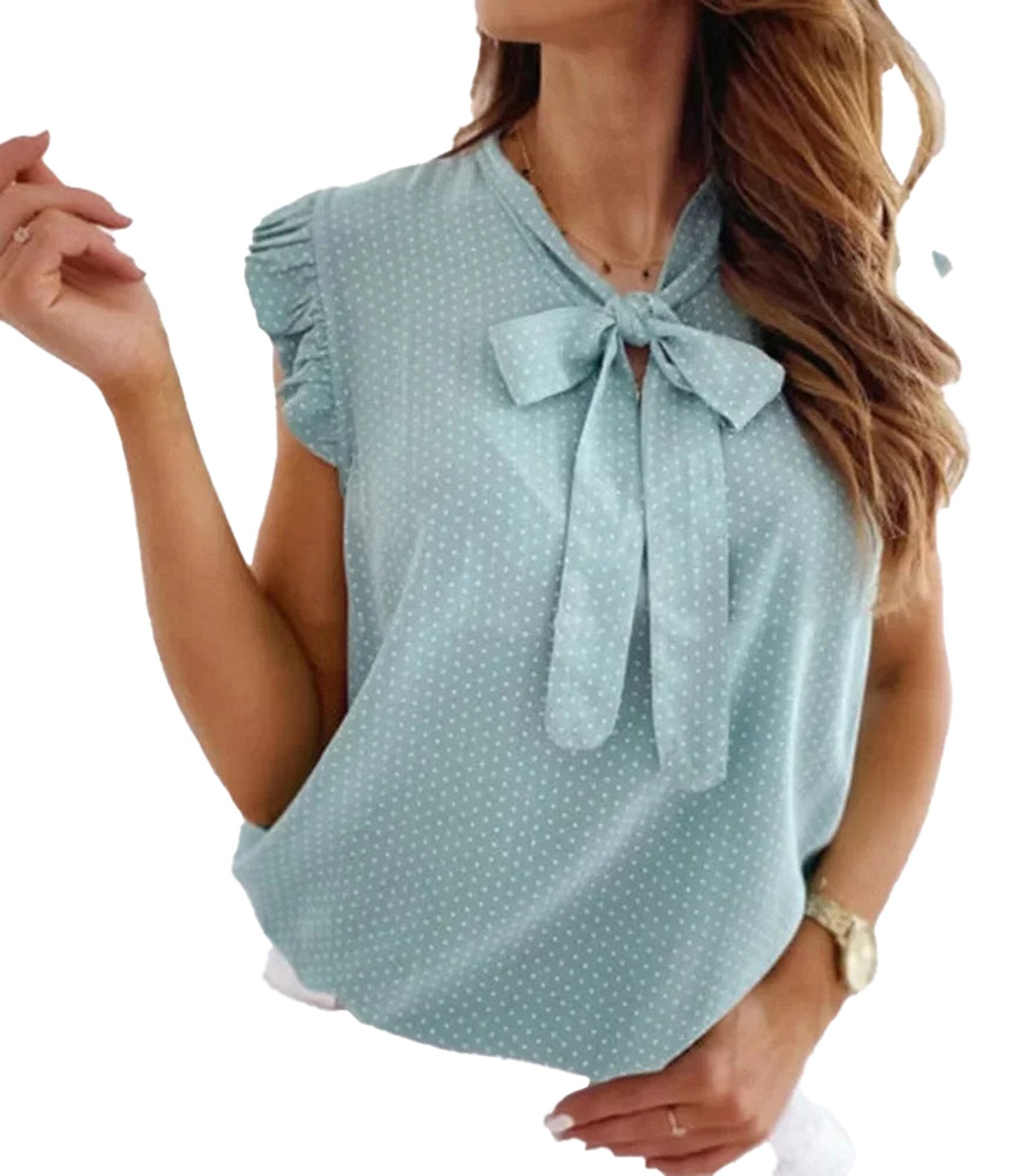 Light blue polka dot bow tie blouse with ruffled sleeves, perfect for casual outings
