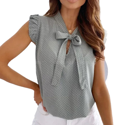 LuckeLadybug LLC Polka Dot Bow Tie Blouse in Gray with Ruffled Sleeves and a Stylish Neck Tie