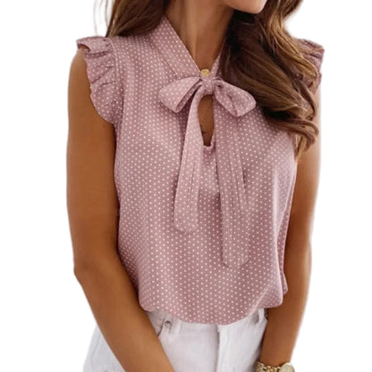 LuckeLadybug LLC Polka Dot Bow Tie Blouse in Soft Pink with Ruffled Sleeves for Stylish Casual Wear