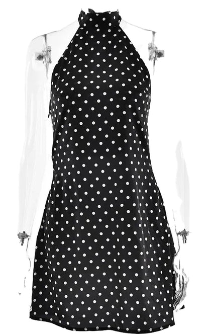 LuckeLadybug LLC Polka Dot Halter Mini Dress in Black with White Dots for Stylish Summer Outfits