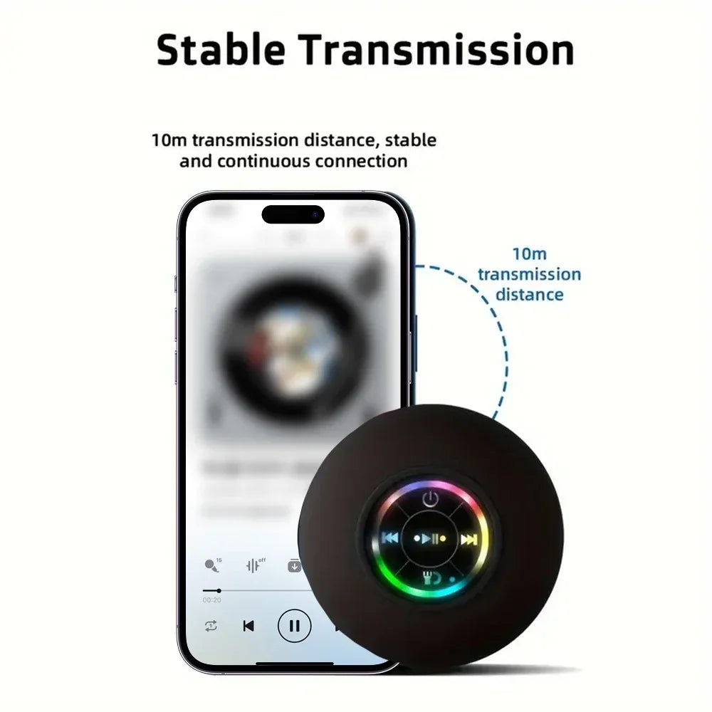 Portable wireless speaker with bluetooth shown connected to a smartphone with stable transmission illustration