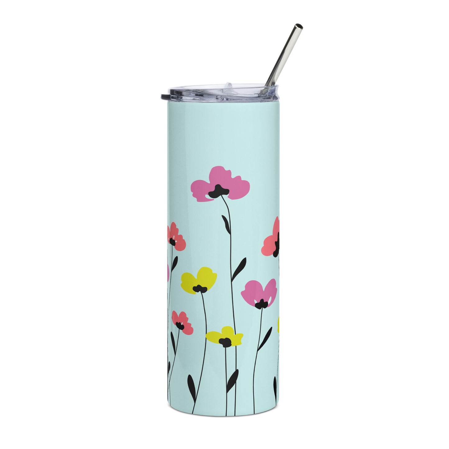 Pretty floral tumbler with straw stainless steel tall cup with colorful flower design