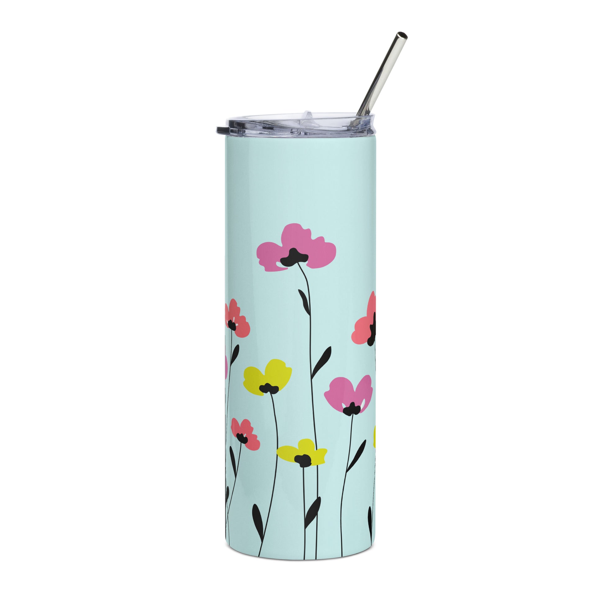 Pretty floral tumbler with straw stainless steel tall cup with colorful flower design