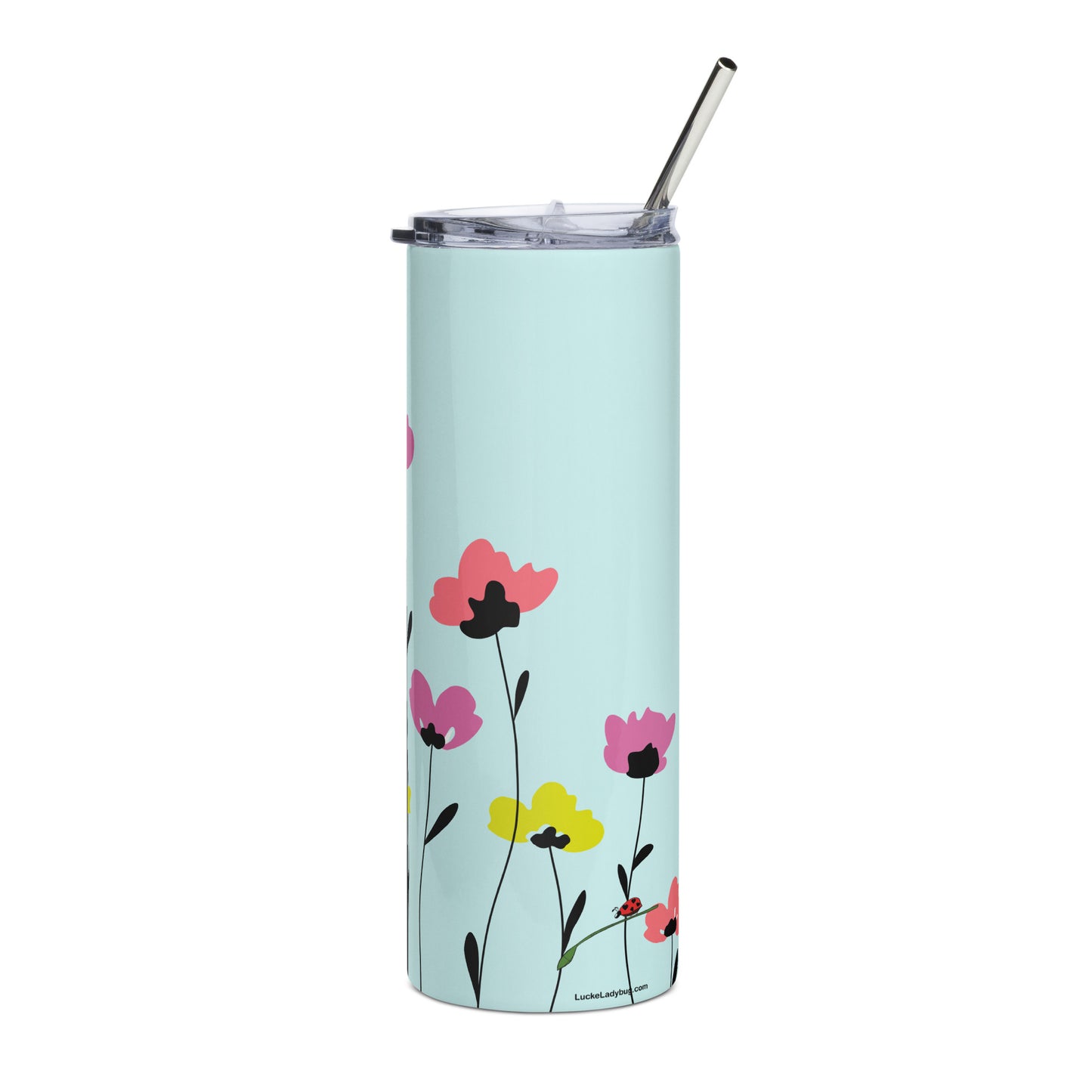 Pretty floral tumbler with straw stainless steel tumbler by LuckeLadybug with colorful flower design