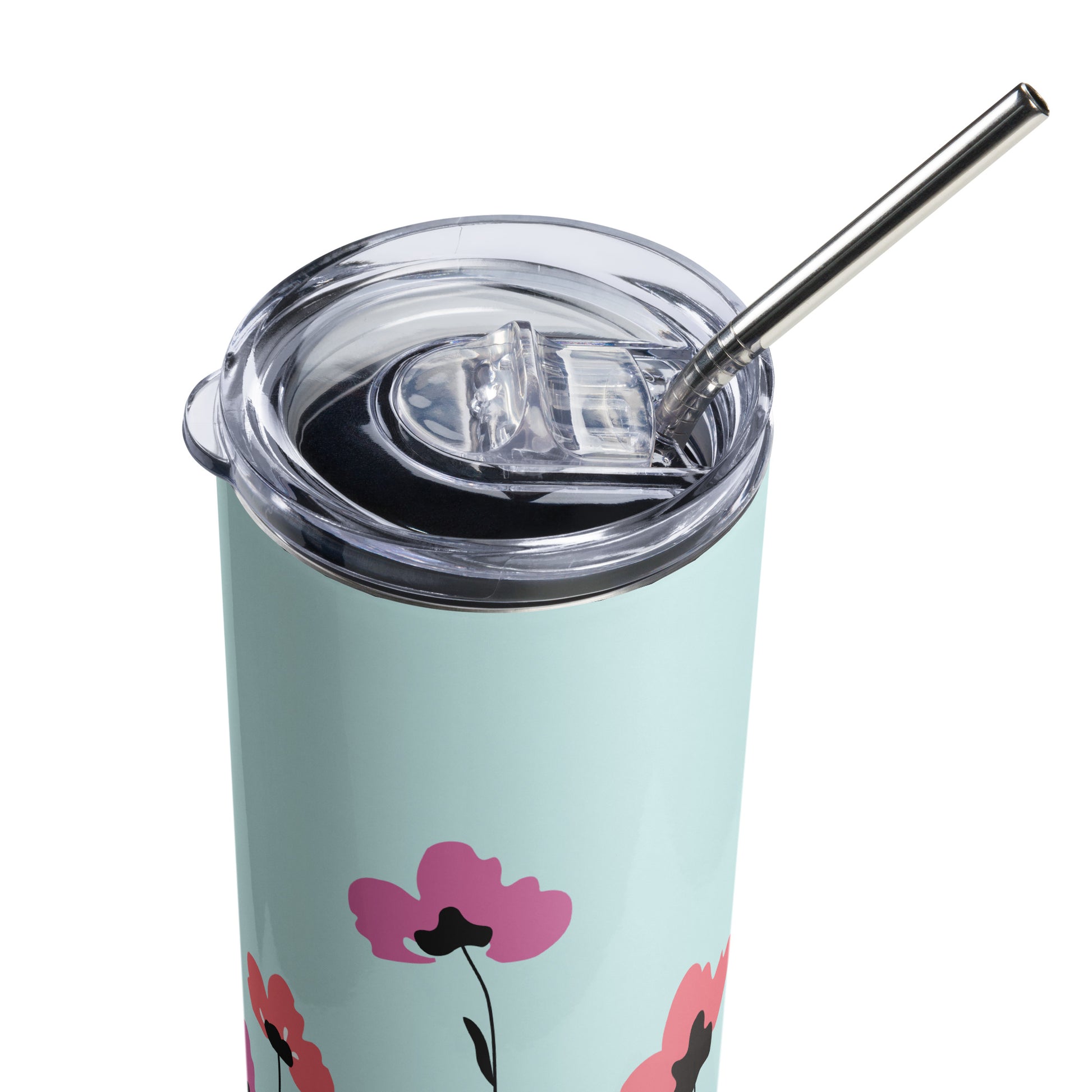 LuckeLadybug stainless steel pretty floral tumbler with straw featuring pink flowers and clear lid